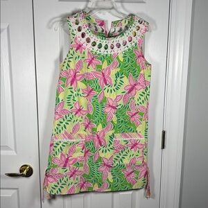 Lilly Pulitzer Butterfly Shift Dress Floral Pink Green Lace Neckline Size 6